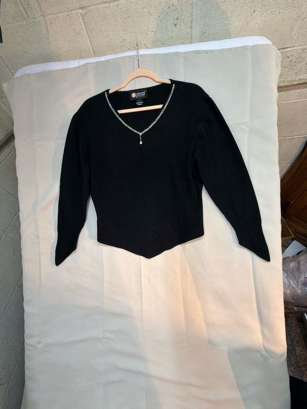Christine Alexander Vintage Black V-Neck Sweater w/Rhinestone Embellished Trim